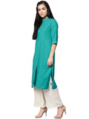 Teal plain cotton kurtas-and-kurtis 4