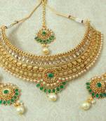 Lalso Designer Kundan Stone Green Gold Plated Bridal Choker Necklace Earring Maangtikka Jewelry Set-LCN31_GR