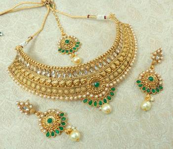 Lalso Designer Kundan Stone Green Gold Plated Bridal Choker Necklace Earring Maangtikka Jewelry Set-LCN31_GR 2