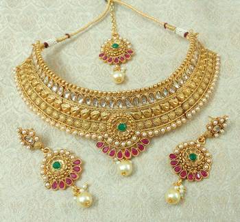 Lalso Designer Kundan Stone Multicolour Gold Plated Bridal Choker Necklace Earring Maangtikka Jewelry Set-LCN31_MG 1