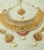 Lalso Designer Kundan Stone Multicolour Gold Plated Bridal Choker Necklace Earring Maangtikka Jewelry Set-LCN31_MG