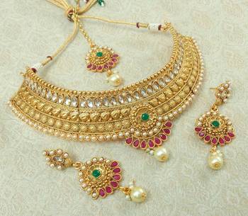 Lalso Designer Kundan Stone Multicolour Gold Plated Bridal Choker Necklace Earring Maangtikka Jewelry Set-LCN31_MG 2