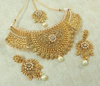 Lalso Designer LCT Kundan Stone Gold Plated Bridal Choker Necklace Earring Maangtikka Jewelry Set-LCN32_LCT 2