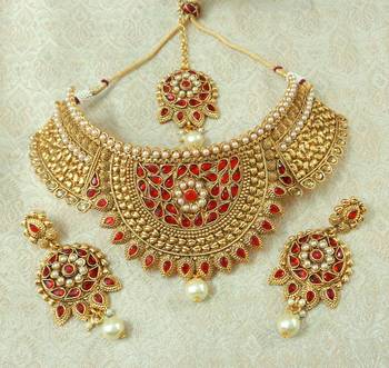 Lalso Designer Kundan Stone Red Gold Plated Bridal Choker Necklace Earring Maangtikka Jewelry Set-LCN32_RD 1