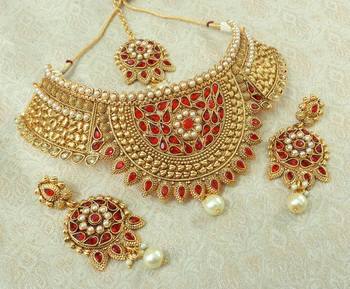 Lalso Designer Kundan Stone Red Gold Plated Bridal Choker Necklace Earring Maangtikka Jewelry Set-LCN32_RD 2