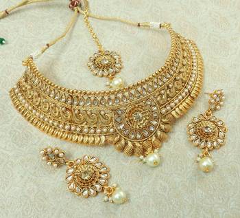Lalso Designer LCT Kundan Stone Gold Plated Bridal Choker Necklace Earring Maangtikka Jewelry Set-LCN33_LCT 2