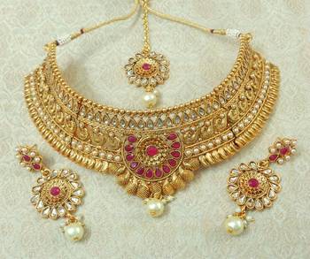 Lalso Designer Kundan Stone Ruby Gold Plated Bridal Choker Necklace Earring Maangtikka Jewelry Set-LCN33_RB 1