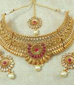 Lalso Designer Kundan Stone Ruby Gold Plated Bridal Choker Necklace Earring Maangtikka Jewelry Set-LCN33_RB