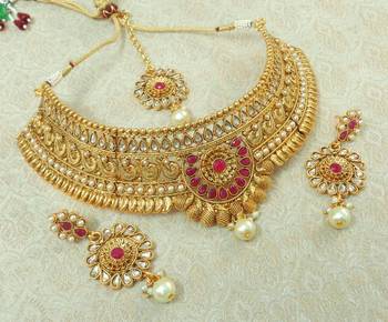 Lalso Designer Kundan Stone Ruby Gold Plated Bridal Choker Necklace Earring Maangtikka Jewelry Set-LCN33_RB 2