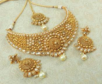 Lalso Designer LCT Kundan Stone Gold Plated Bridal Choker Necklace Earring Maangtikka Jewelry Set-LCN34_LCT 2
