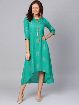Teal printed cotton long-kurtis 1