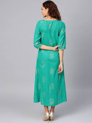 Teal printed cotton long-kurtis 2
