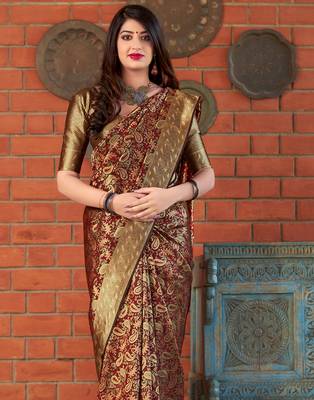 Brown woven banarasi silk saree with blouse 2