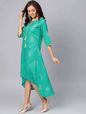 Teal printed cotton long-kurtis 3