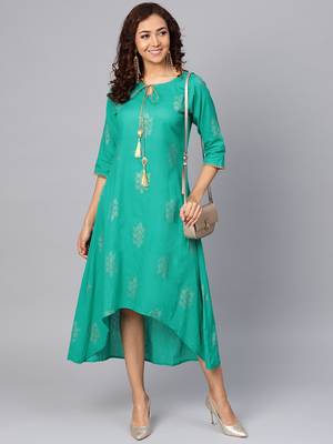 Teal printed cotton long-kurtis 4