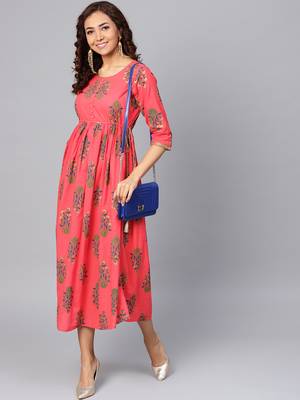 Coral printed cotton long-kurtis 1