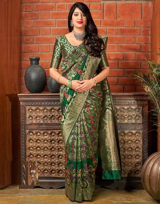 Green woven banarasi silk saree with blouse 1