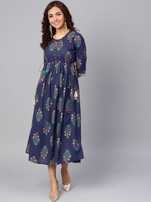 Navy-blue printed cotton long-kurtis 1