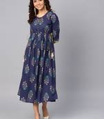 Navy-blue printed cotton long-kurtis
