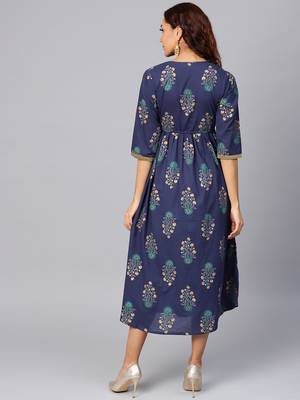 Navy-blue printed cotton long-kurtis 2
