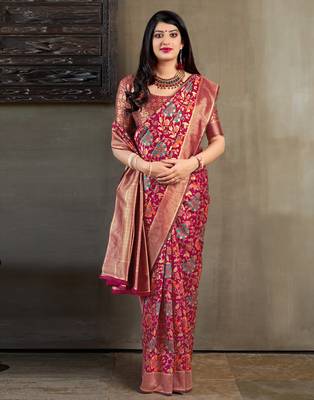 Maroon woven banarasi silk saree with blouse 1