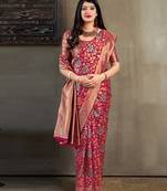 Maroon woven banarasi silk saree with blouse