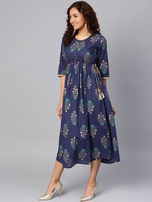 Navy-blue printed cotton long-kurtis 3