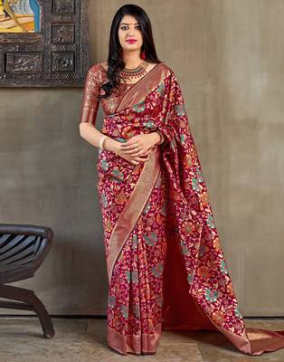 Maroon woven banarasi silk saree with blouse 2