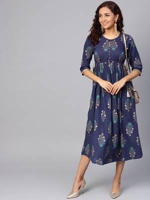 Navy-blue printed cotton long-kurtis 4