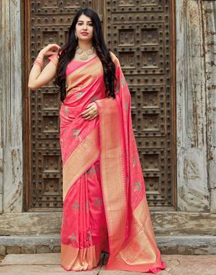 Pink woven banarasi silk saree with blouse 1