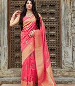 Pink woven banarasi silk saree with blouse