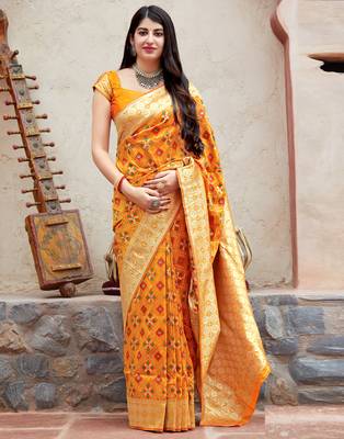 Yellow woven banarasi silk saree with blouse 1