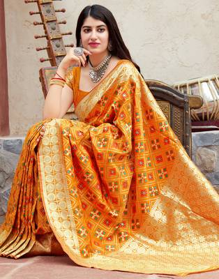 Yellow woven banarasi silk saree with blouse 2