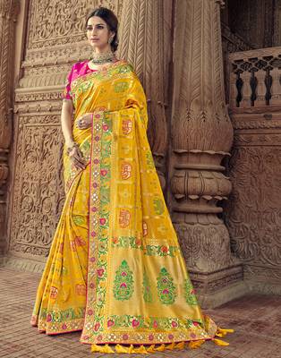 Yellow embroidered silk blend saree with blouse 1