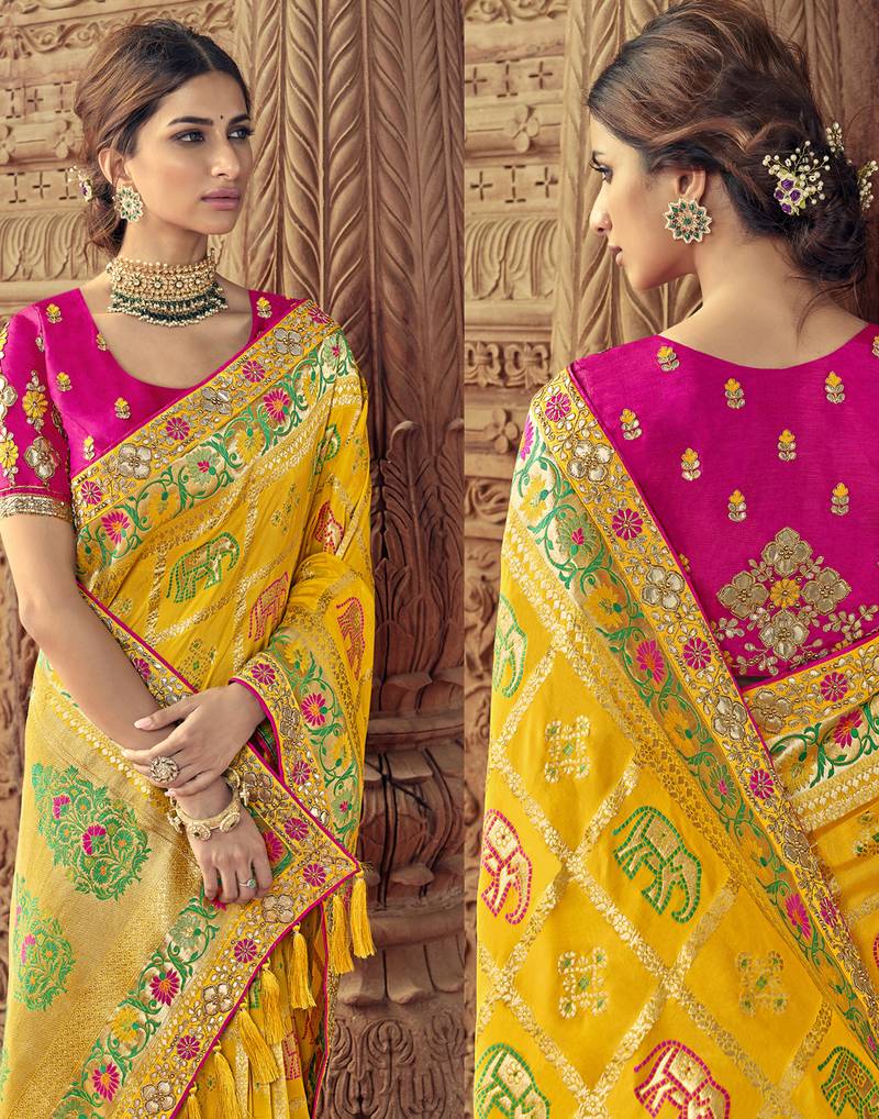 Yellow embroidered silk blend saree with blouse