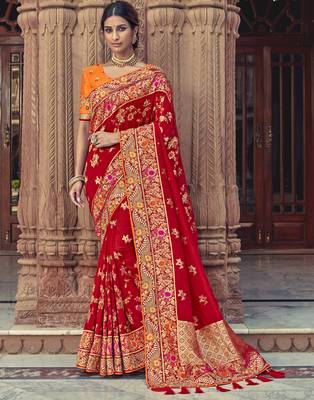 Red embroidered silk blend saree with blouse 1