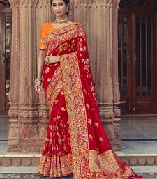 Red embroidered silk blend saree with blouse