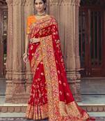 Red embroidered silk blend saree with blouse