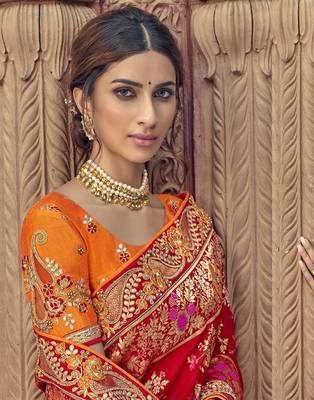 Red embroidered silk blend saree with blouse 2