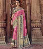 Pink embroidered silk blend saree with blouse