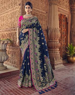 Navy blue embroidered silk blend saree with blouse 1