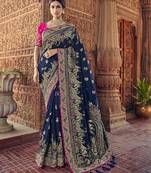 Navy blue embroidered silk blend saree with blouse