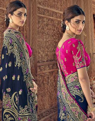 Navy blue embroidered silk blend saree with blouse 2
