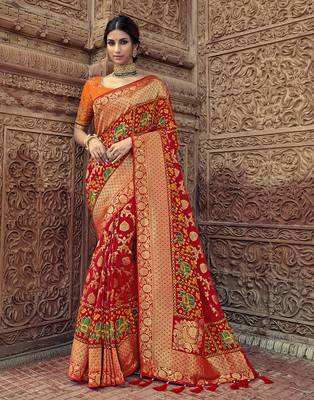 Red embroidered silk blend saree with blouse 1