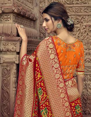 Red embroidered silk blend saree with blouse 2