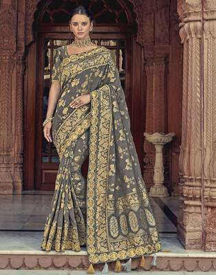 Grey embroidered silk blend saree with blouse 1