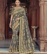 Grey embroidered silk blend saree with blouse