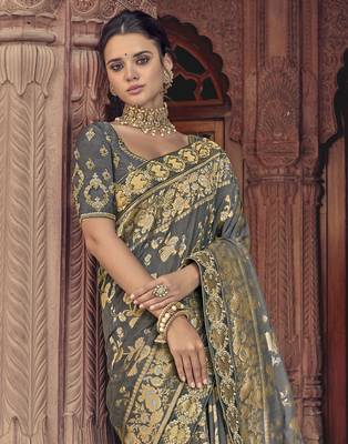 Grey embroidered silk blend saree with blouse 2