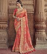 Peach embroidered silk blend saree with blouse