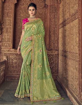Green embroidered silk blend saree with blouse 1